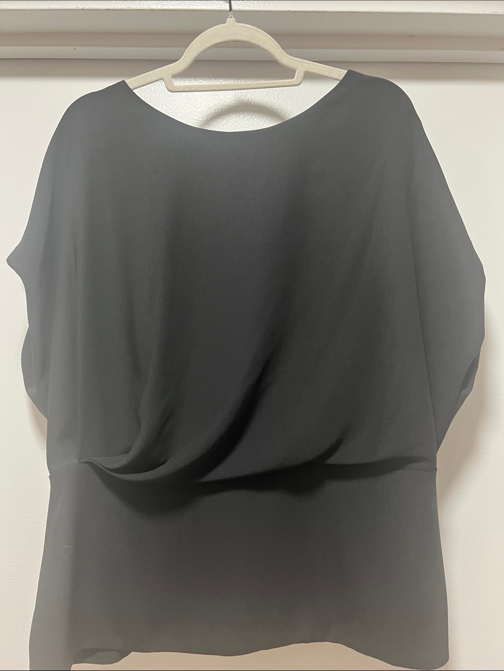 MM Lafleur Black Draped Short-Sleeve Blouse with Boat Neck